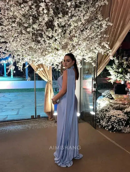 Aimishang Elegant Halter Sleeveless Satin Long Formal Prom Dress Simple Party Evening Gowns Women's Fashion Wedding Guest Dress