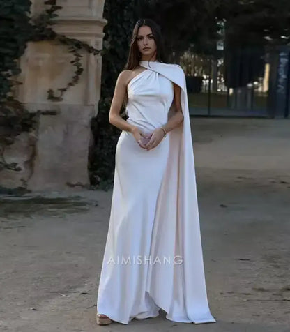 Aimishang Elegant Halter Sleeveless Satin Long Formal Prom Dress Simple Party Evening Gowns Fashion Women's Wedding Guest Dress