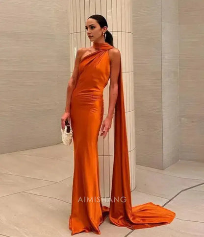 Aimishang Elegant Halter Sleeveless Satin Long Formal Prom Dress Simple Party Evening Gowns Fashion Women's Wedding Guest Dress