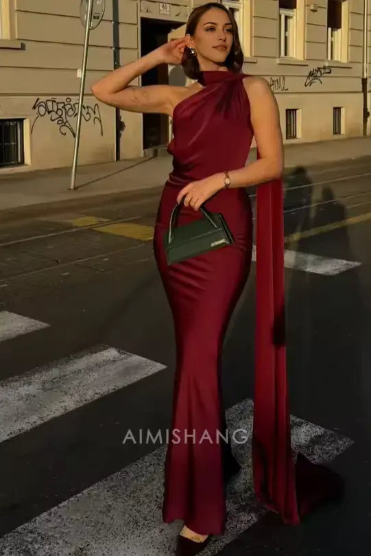 Aimishang Elegant Halter Sleeveless Satin Long Formal Prom Dress Simple Party Evening Gowns Fashion Women's Wedding Guest Dress