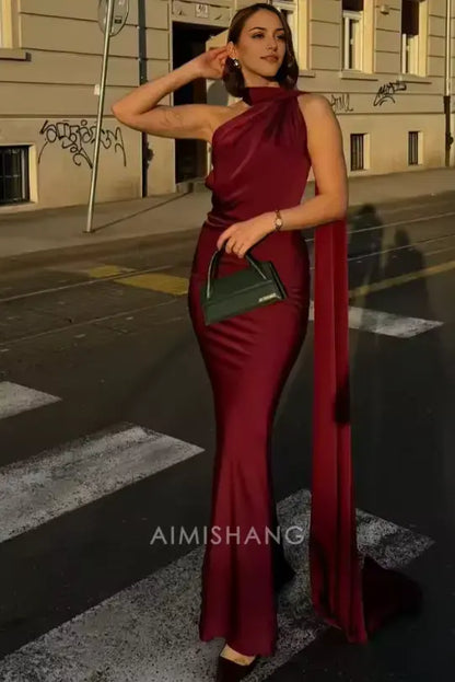 Aimishang Elegant Halter Sleeveless Satin Long Formal Prom Dress Simple Party Evening Gowns Fashion Women's Wedding Guest Dress