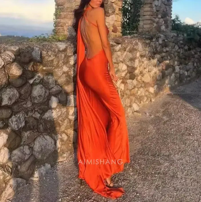 Aimishang Elegant Halter Sleeveless Satin Long Formal Prom Dress Simple Party Evening Gowns Women's Fashion Wedding Guest Dress