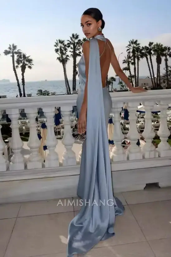 Aimishang Elegant Halter Sleeveless Satin Long Formal Prom Dress Simple Party Evening Gowns Women's Fashion Wedding Guest Dress