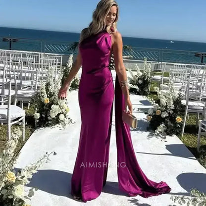 Aimishang Elegant Halter Sleeveless Satin Long Formal Prom Dress Simple Party Evening Gowns Women's Fashion Wedding Guest Dress