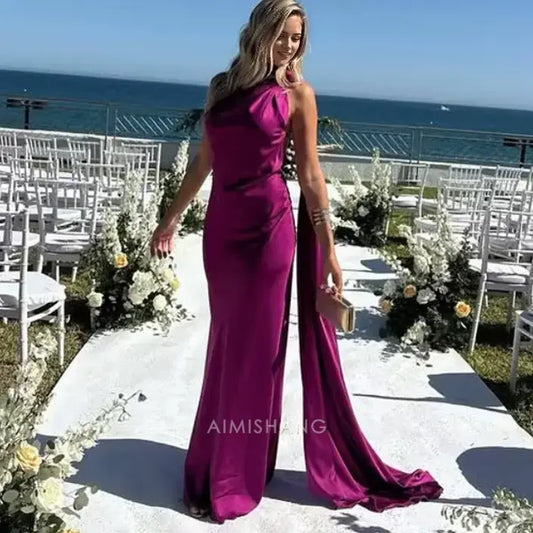 Aimishang Elegant Halter Sleeveless Satin Long Formal Prom Dress Simple Party Evening Gowns Women's Fashion Wedding Guest Dress