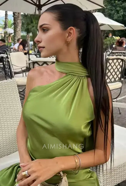 Aimishang Elegant Halter Sleeveless Satin Long Formal Prom Dress Simple Party Evening Gowns Fashion Women's Wedding Guest Dress