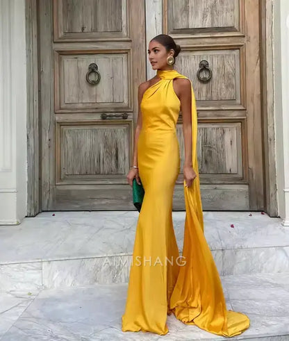 Aimishang Elegant Halter Sleeveless Satin Long Formal Prom Dress Simple Party Evening Gowns Fashion Women's Wedding Guest Dress