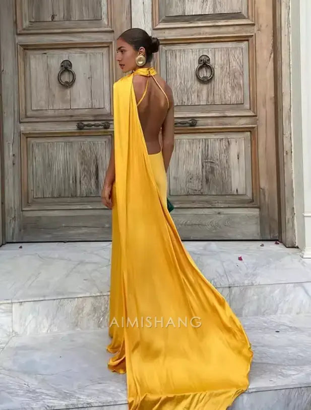 Aimishang Elegant Halter Sleeveless Satin Long Formal Prom Dress Simple Party Evening Gowns Fashion Women's Wedding Guest Dress
