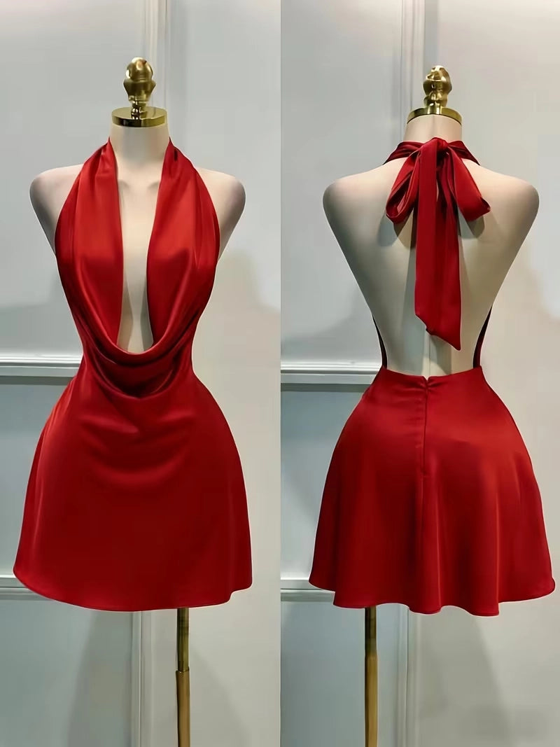 Aimishang Elegant Halter Sleeveless Satin Short Homecoming Dress Stylish Mini Summer Party Dress