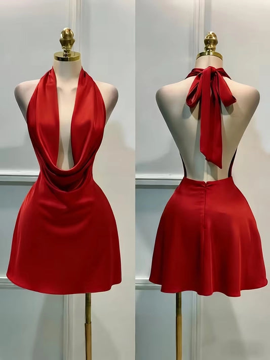 Aimishang Elegant Halter Sleeveless Satin Short Homecoming Dress Stylish Mini Summer Party Dress