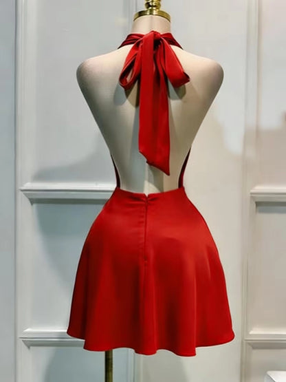 Aimishang Elegant Halter Sleeveless Satin Short Homecoming Dress Stylish Mini Summer Party Dress