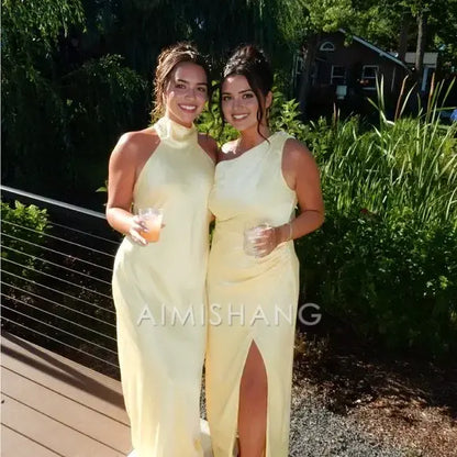 Aimishang Elegant Halter Sleeveless Yellow Satin Backless Long Formal Prom Dresses Fashion Maxi Dress Simple Graduation Dress Charming Party Evening Gowns