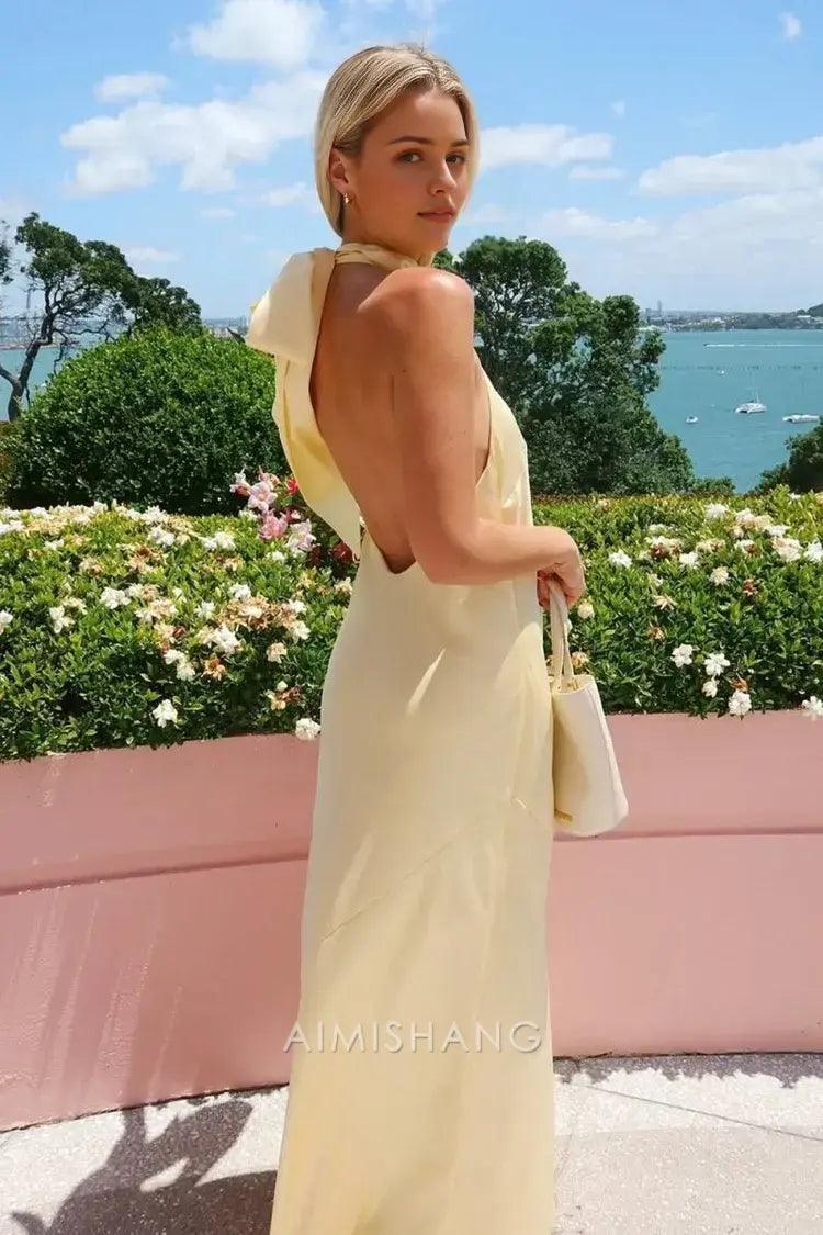 Aimishang Elegant Halter Sleeveless Yellow Satin Backless Long Formal Prom Dresses Fashion Maxi Dress Simple Graduation Dress Charming Party Evening Gowns