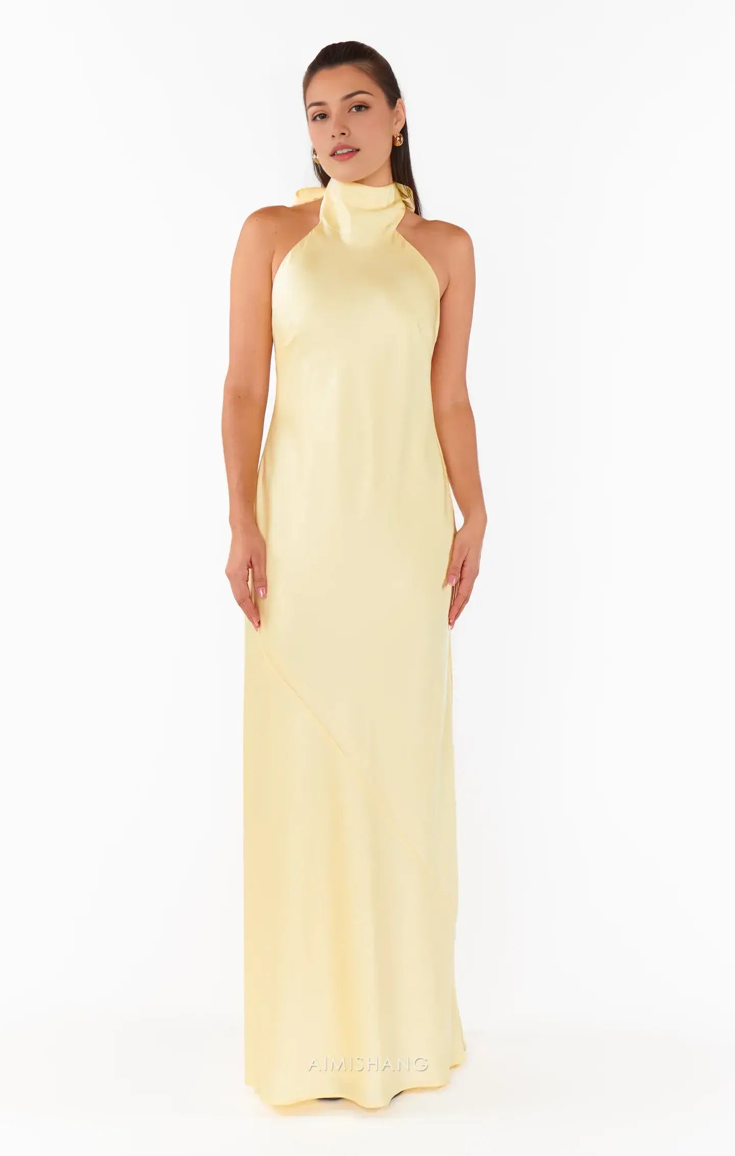 Aimishang Elegant Halter Sleeveless Yellow Satin Backless Long Formal Prom Dresses Fashion Maxi Dress Simple Graduation Dress Charming Party Evening Gowns