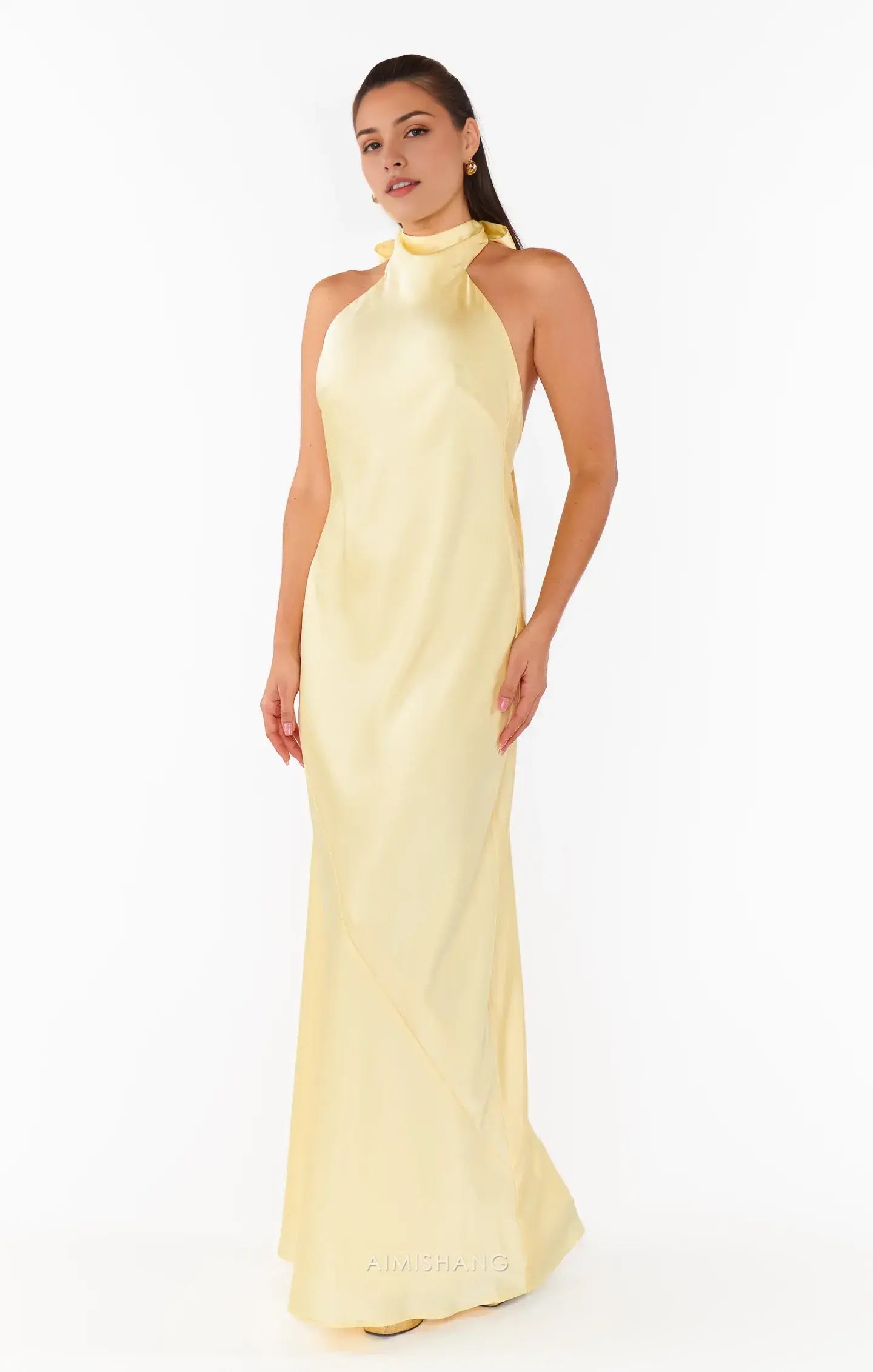 Aimishang Elegant Halter Sleeveless Yellow Satin Backless Long Formal Prom Dresses Fashion Maxi Dress Simple Graduation Dress Charming Party Evening Gowns
