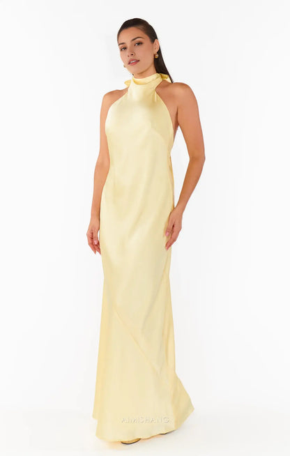 Aimishang Elegant Halter Sleeveless Yellow Satin Backless Long Formal Prom Dresses Fashion Maxi Dress Simple Graduation Dress Charming Party Evening Gowns