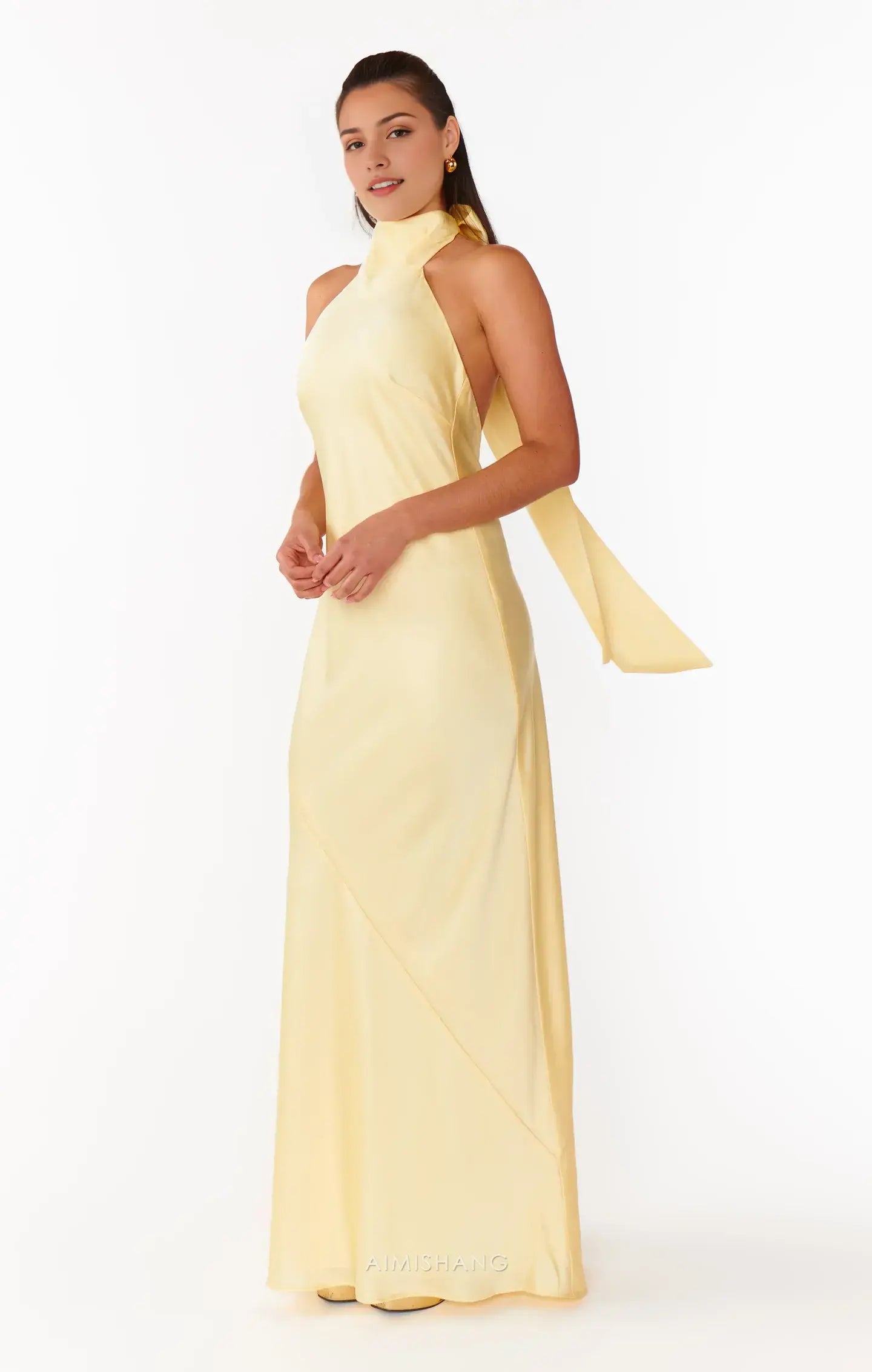 Aimishang Elegant Halter Sleeveless Yellow Satin Backless Long Formal Prom Dresses Fashion Maxi Dress Simple Graduation Dress Charming Party Evening Gowns