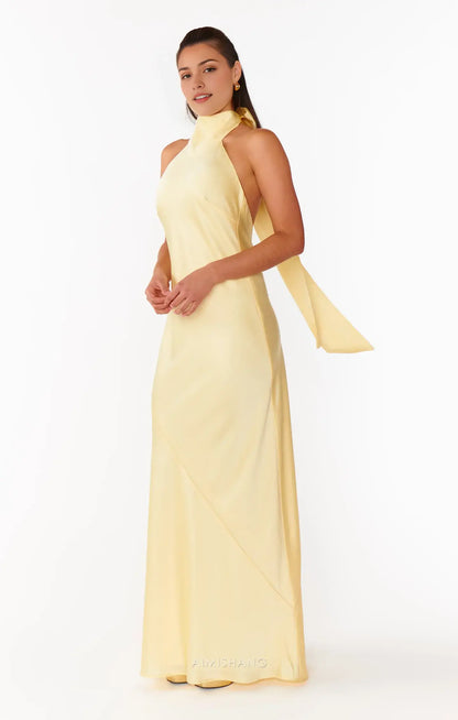 Aimishang Elegant Halter Sleeveless Yellow Satin Backless Long Formal Prom Dresses Fashion Maxi Dress Simple Graduation Dress Charming Party Evening Gowns