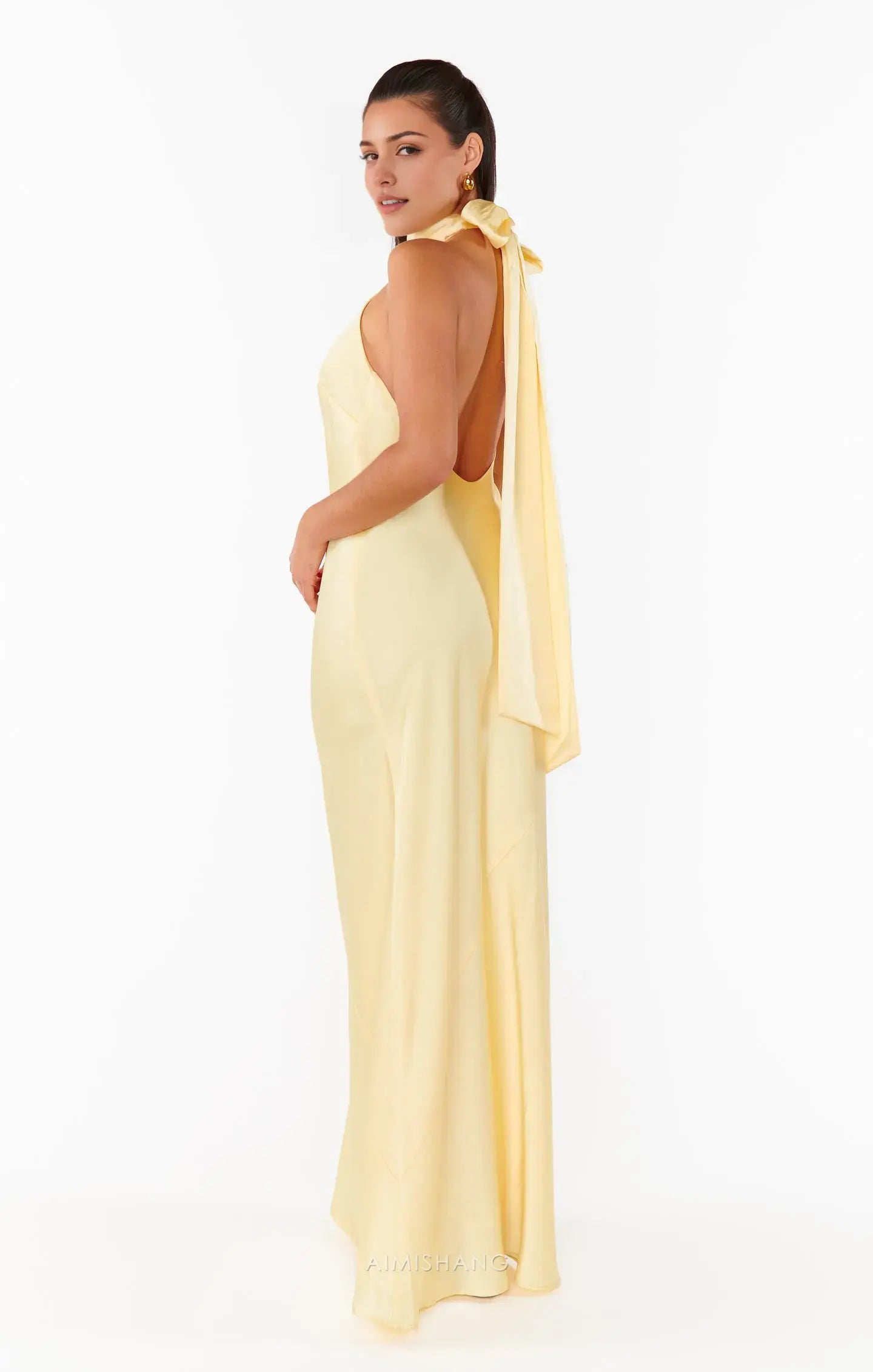 Aimishang Elegant Halter Sleeveless Yellow Satin Backless Long Formal Prom Dresses Fashion Maxi Dress Simple Graduation Dress Charming Party Evening Gowns