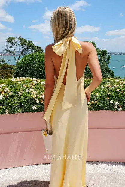 Aimishang Elegant Halter Sleeveless Yellow Satin Backless Long Formal Prom Dresses Fashion Maxi Dress Simple Graduation Dress Charming Party Evening Gowns