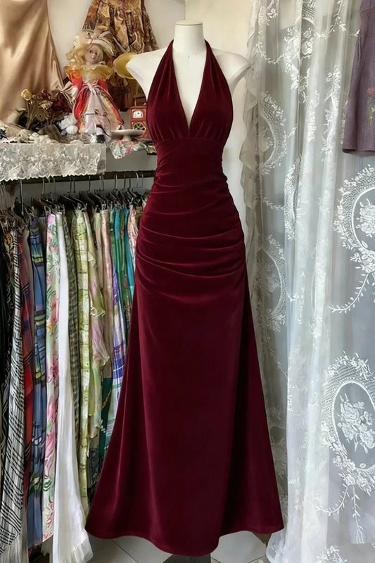 Aimishang Elegant Halter V-Neck Sleeveless Long Formal Prom Dress Simple Wedding Dress Party Dress