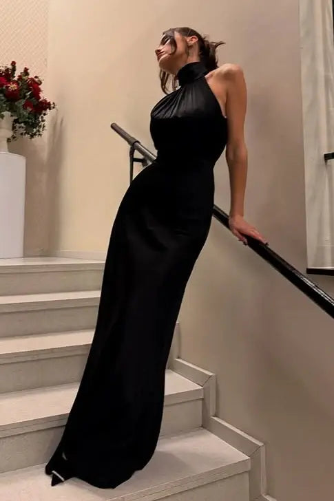 Aimishang Elegant High Neck Sleeveless Black Long Formal Prom Dress Modern Party Evening Gown