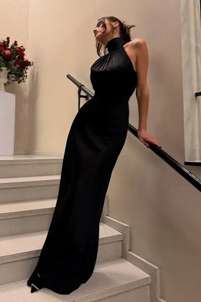 Aimishang Elegant High Neck Sleeveless Black Long Formal Prom Dress Modern Party Evening Gown