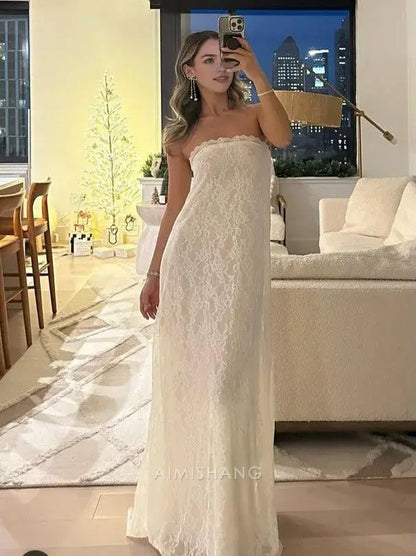 Aimishang Elegant Lace Strapless Long Formal Prom Dress Charming Party Evening Gowns Romantic Wedding Dress