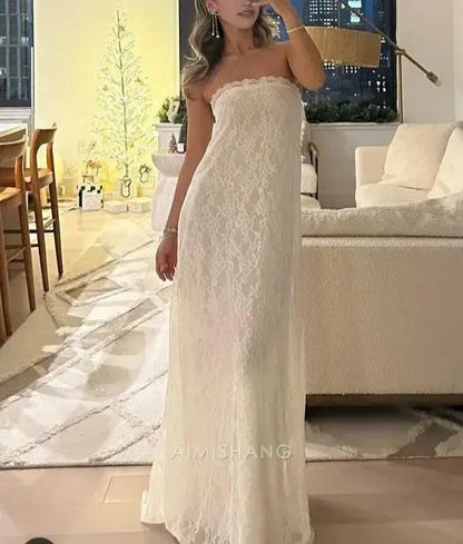 Aimishang Elegant Lace Strapless Long Formal Prom Dress Charming Party Evening Gowns Romantic Wedding Dress