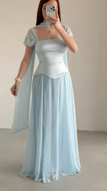 Aimishang Elegant Light Blue A-Line Square Neck Short Sleeve Floor-Length Evening Dress Women's Party Gown