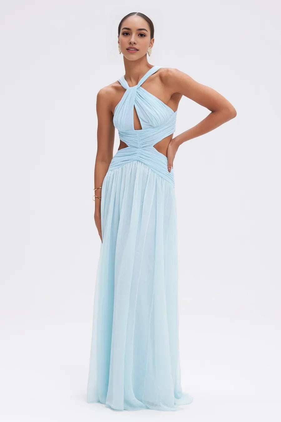 Aimishang Elegant Light Blue A Line Sleeveless Pleated Long Formal Prom Dress Stylish Wedding Guest Party Dress