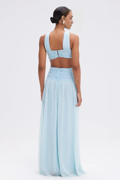 Aimishang Elegant Light Blue A Line Sleeveless Pleated Long Formal Prom Dress Stylish Wedding Guest Party Dress