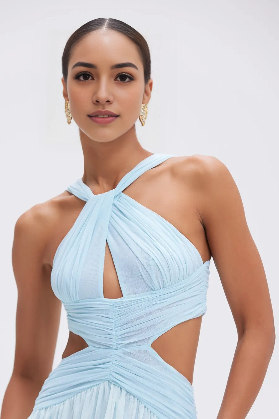 Aimishang Elegant Light Blue A Line Sleeveless Pleated Long Formal Prom Dress Stylish Wedding Guest Party Dress