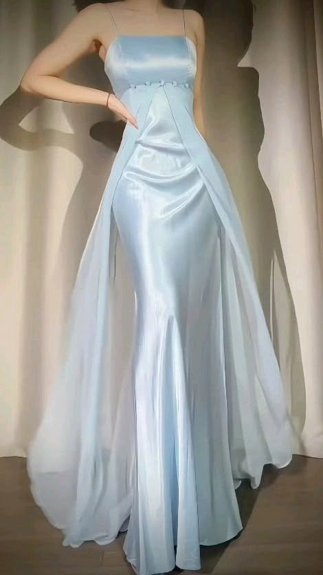 Aimishang Elegant Light Blue Spaghetti Straps Sleeveless Long Formal Prom Dress Charming Evening Party Dress