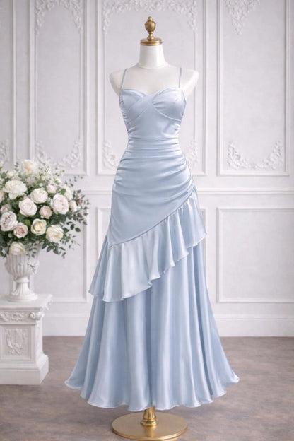 Aimishang Elegant Light Blue Sweetheart Spaghetti Straps Ruffle Satin Sleeveless Long Formal Prom Dress Charming Graduation Party Dress