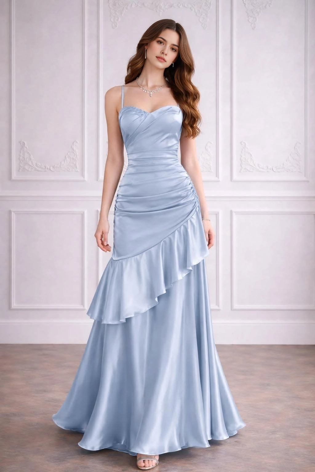 Aimishang Elegant Light Blue Sweetheart Spaghetti Straps Ruffle Satin Sleeveless Long Formal Prom Dress Charming Graduation Party Dress