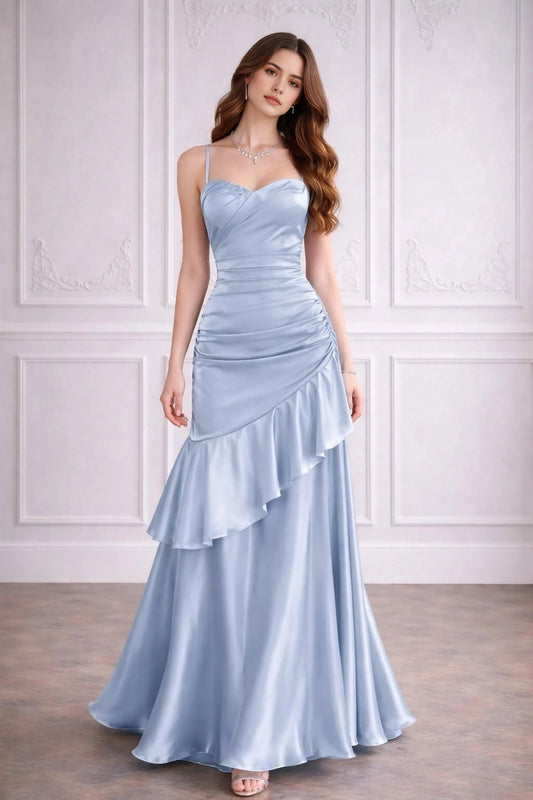 Aimishang Elegant Light Blue Sweetheart Spaghetti Straps Ruffle Satin Sleeveless Long Formal Prom Dress Charming Graduation Party Dress