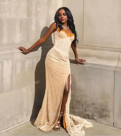 Aimishang Elegant Long Prom Dress With Slit Sexy Black Girl Party Dress Charming Sleeveless Evening Gown Formal Wear Dress
