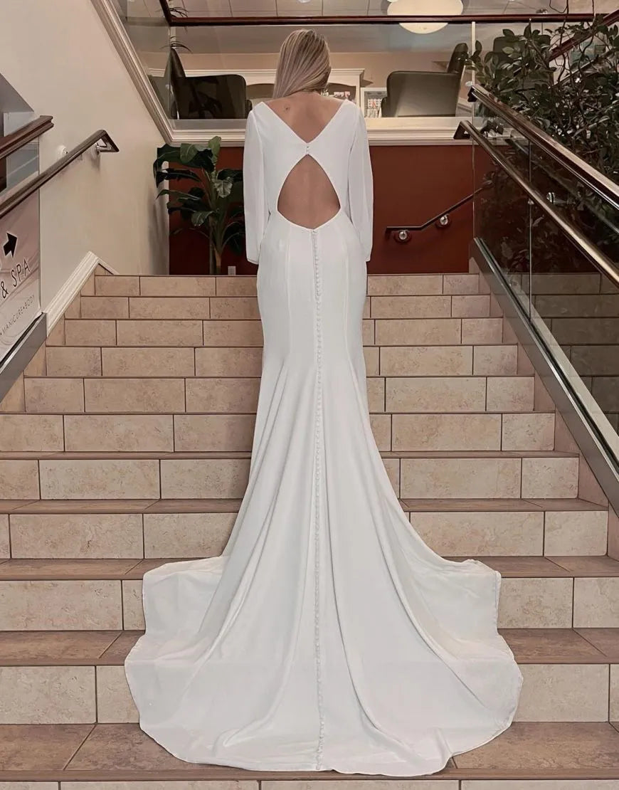 Aimishang Elegant Long Sleeves Wedding Dress Sheath Chapel Train Keyhole Charming Bridal Gown