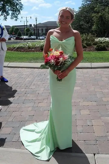 Aimishang Elegant Mermaid Bow Strapless Green Long Formal Prom Dress Cute Party Evening Gown With Train
