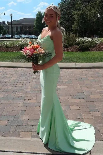 Aimishang Elegant Mermaid Bow Strapless Green Long Formal Prom Dress Cute Party Evening Gown With Train