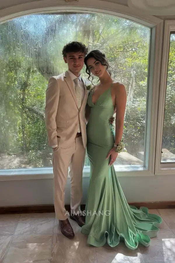 Aimishang Elegant Mermaid Green Satin V-neck Straps Sleeveless Long Formal Prom Dress Sexy Evening Gowns Simple Graduation Party Dress
