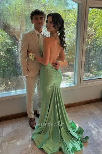 Aimishang Elegant Mermaid Green Satin V-neck Straps Sleeveless Long Formal Prom Dress Sexy Evening Gowns Simple Graduation Party Dress