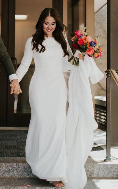 Aimishang Elegant Mermaid Long Sleeve Wedding Dress Chapel Train Simple Bridal Gown
