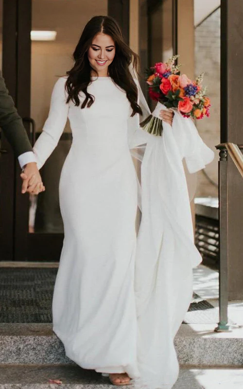 Aimishang Elegant Mermaid Long Sleeve Wedding Dress Chapel Train Simple Bridal Gown
