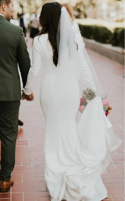 Aimishang Elegant Mermaid Long Sleeve Wedding Dress Chapel Train Simple Bridal Gown