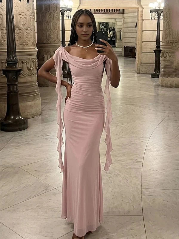 Aimishang Elegant Mermaid Off-Shoulder Cowl Neck Ruched Draped Chiffon Women's Evening Gown Party Dress