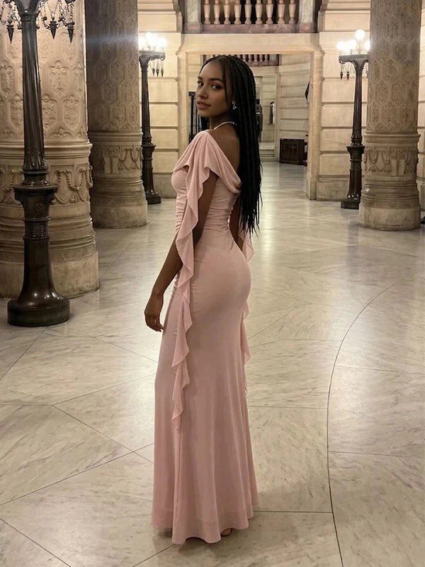 Aimishang Elegant Mermaid Off-Shoulder Cowl Neck Ruched Draped Chiffon Women's Evening Gown Party Dress