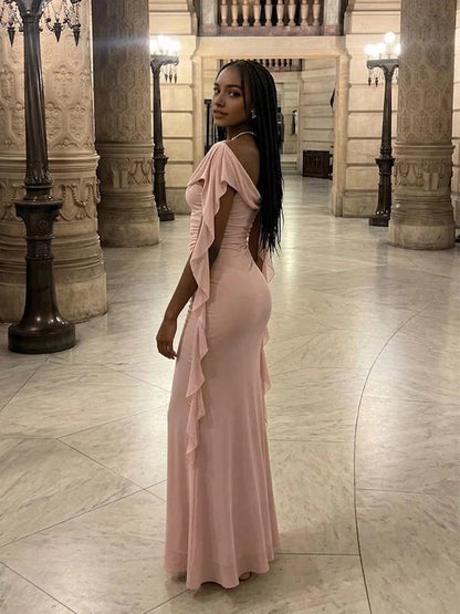 Aimishang Elegant Mermaid Off-Shoulder Cowl Neck Ruched Draped Chiffon Women's Evening Gown Party Dress