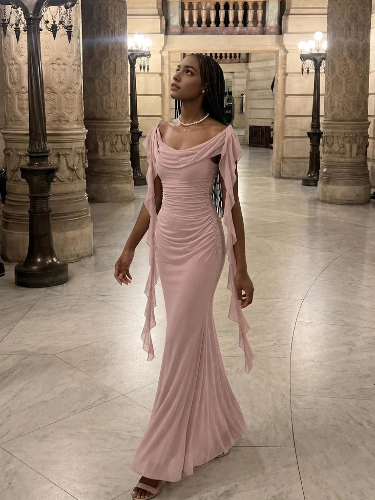 Aimishang Elegant Mermaid Off-Shoulder Cowl Neck Ruched Draped Chiffon Women's Evening Gown Party Dress